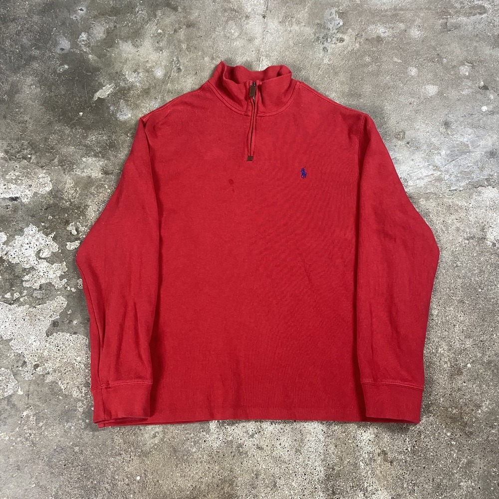 Polo Ralph Lauren 1/4 Zip Sweater Size XL Red Fleece Pullover Blue Pony Logo